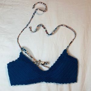 Blue crocheted bikini top